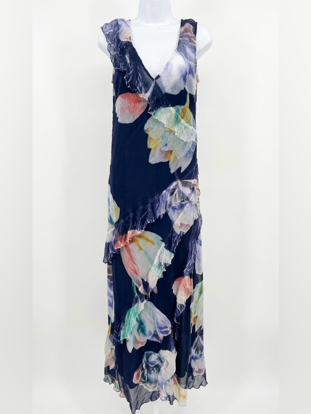 Komarov Indigo Meadow Ruffled Maxi Dress Size XL